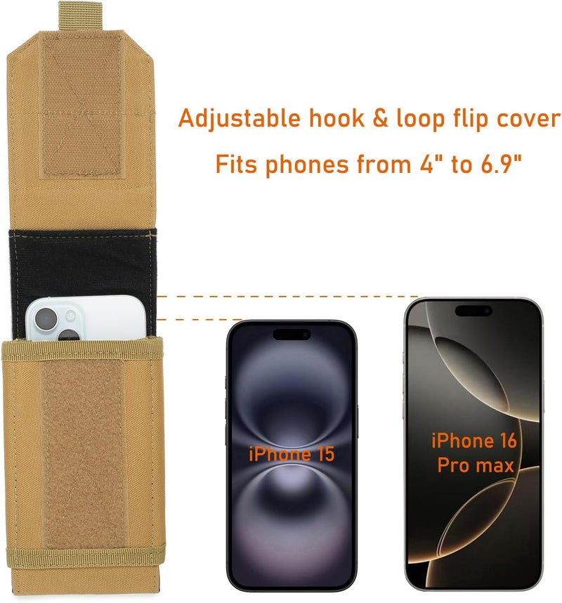 Lemubeane Tactical Molle EDC Phone Pouch Universal Dual Mobile Phone Holster Holder with US Flag Patch (Coyote Brown) - Image 3